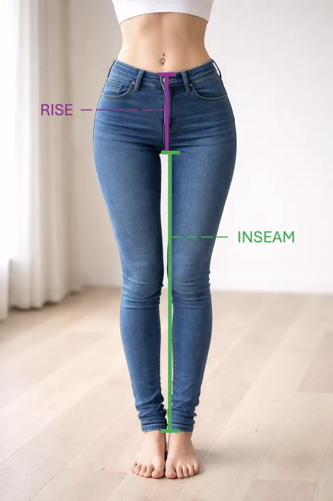 Petite woman wearing blue jeans with an overlay of how to measure the rise and inseam of her pants.