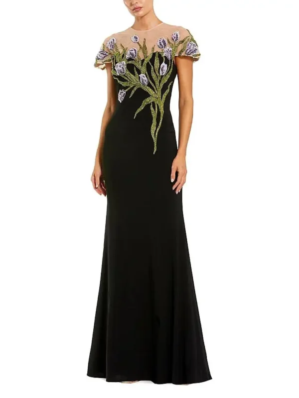 Mac Duggal Petite Jersey Floral Embroidered Illusion Neck Gown