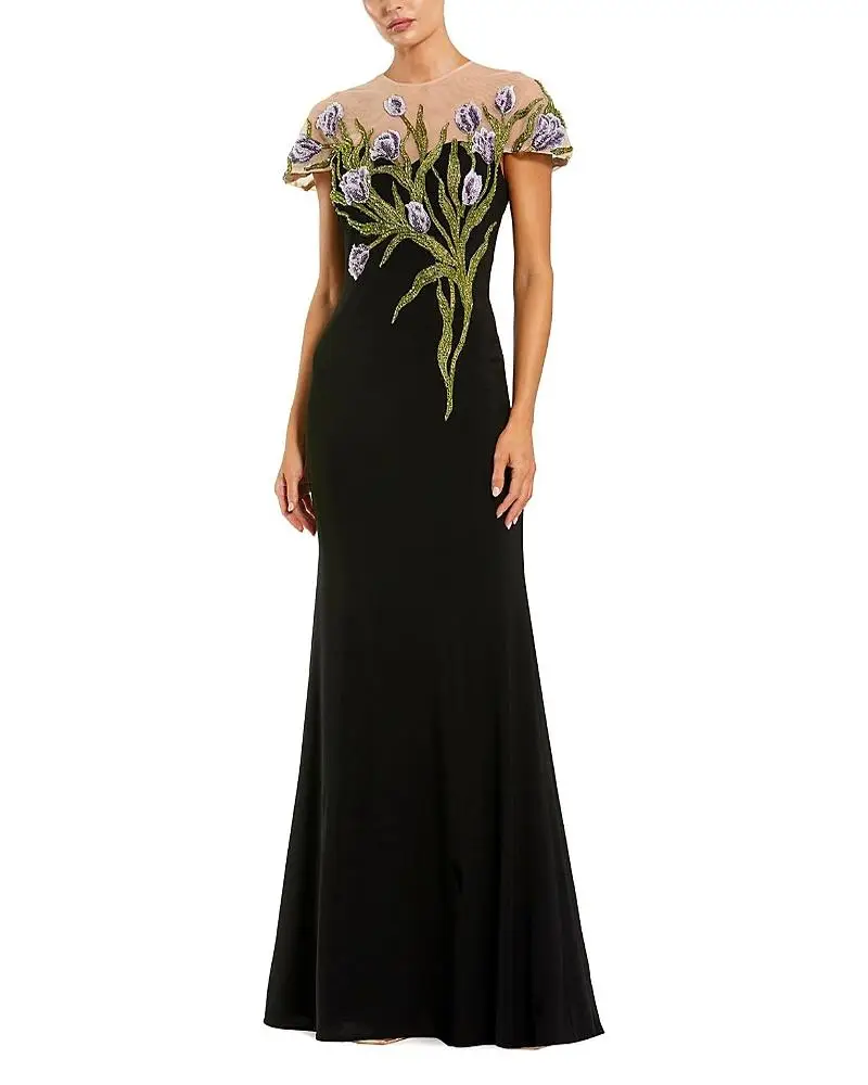 Mac Duggal Petite Jersey Floral Embroidered Illusion Neck Gown