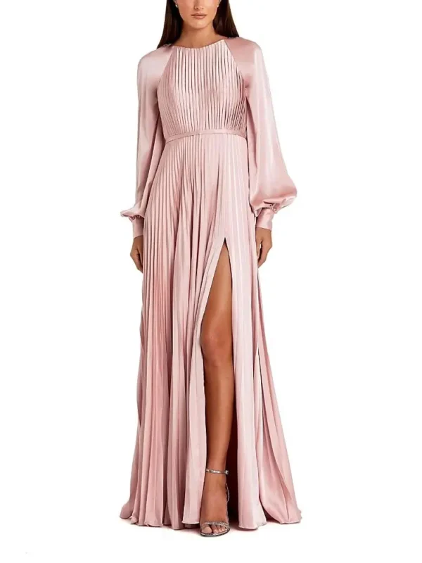 Mac Duggal Petite Long Sleeve Pleated High Neck Gown with Slit