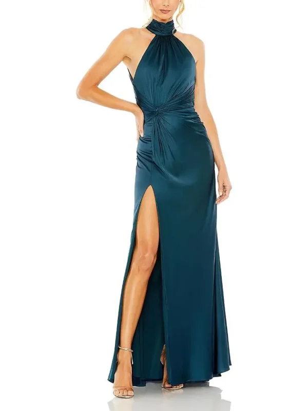 Mac Duggal Petite Open Back High Neck Side Ruched Gown