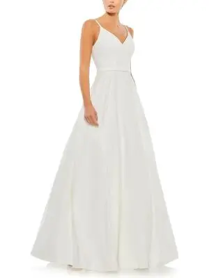 Mac Duggal Petite V-Neck Ball Gown with Belted A-Line Skirt