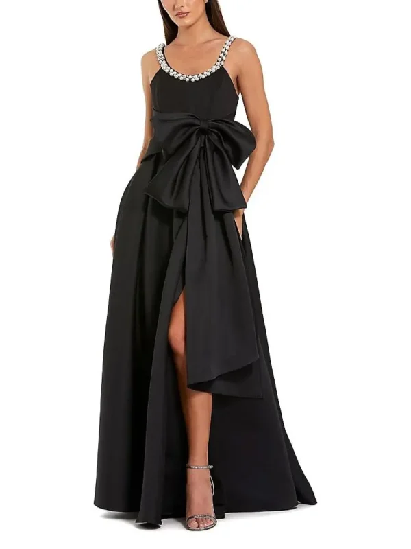 Mac Duggal Petite Satin Gown With Pearl Neckline and Bow Detail