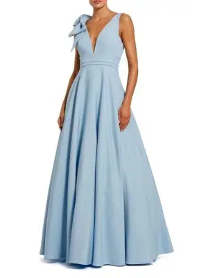 Mac Duggal Petite Sleeveless Plunge Neck Ball Gown with Bow Detail