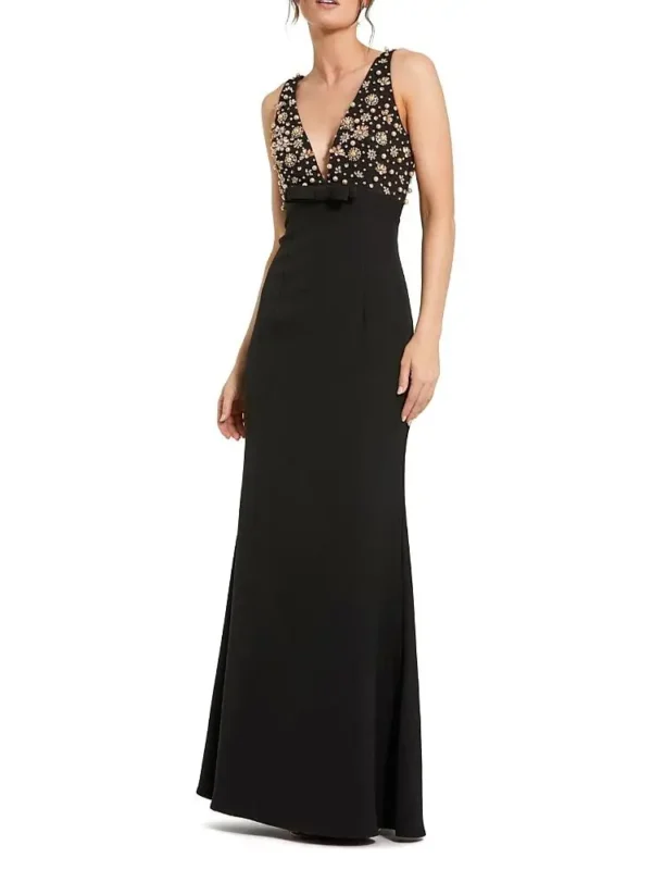 Mac Duggal Petite Crepe Sleeveless Beaded V-Neck Gown with Bow