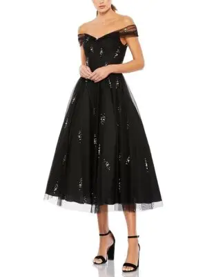 Mac Duggal Petite Ieena Off the Shoulder Embellished Tulle Cocktail Dress