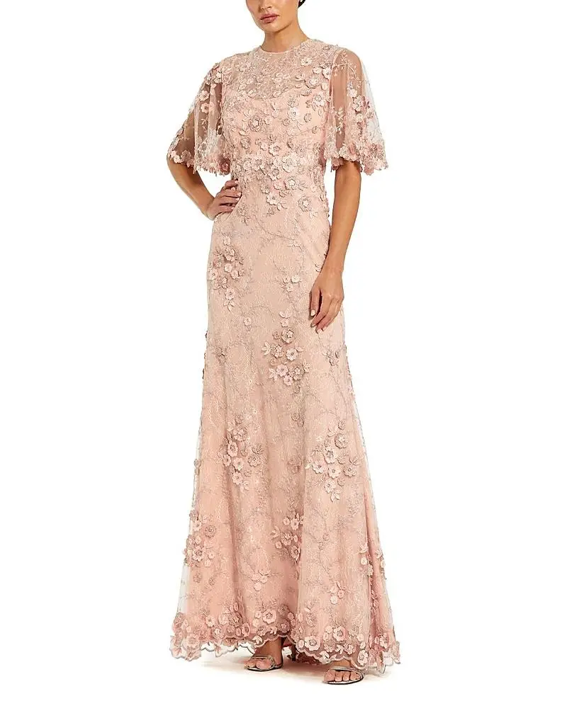 Mac Duggal Petite Flutter Sleeve Floral Embroidered Net Gown