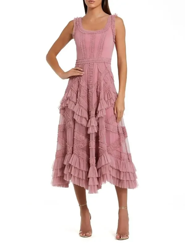 Mac Duggal Petite Scoop Neck Sleeveless Mesh Micro Ruffle Midi Dress