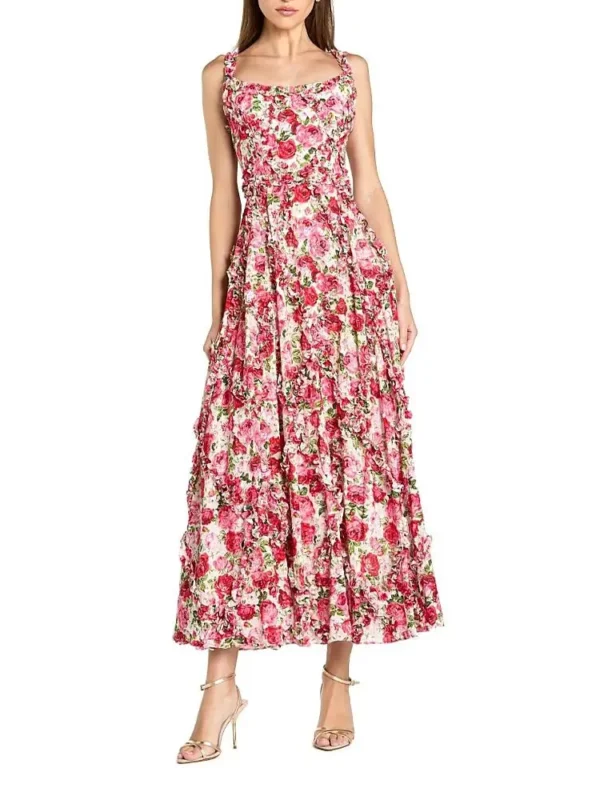 Mac Duggal Petite Floral Cotton Ruffle Square Neck Ankle Dress