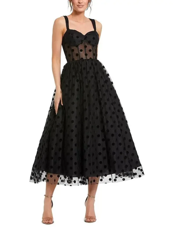 Mac Duggal Petite Polka Dot Net Bustier A-Line Midi Dress