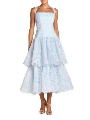 Mac Duggal Petite Sleeveless Embroidered Lace Tiered Midi Dress