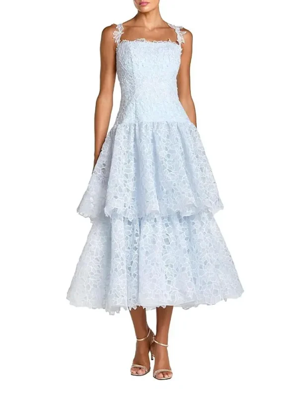 Mac Duggal Petite Sleeveless Embroidered Lace Tiered Midi Dress