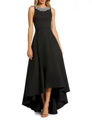 Mac Duggal Petite Crepe Embellished Neck High Low Gown