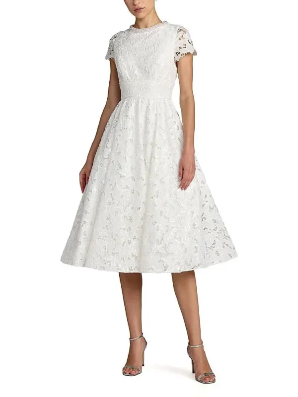 Mac Duggal Petite Lace Embellished Cap Sleeves A Line Midi Dress