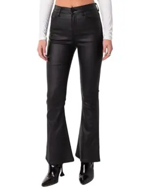 Edikted Petite Luna Faux Leather Flare Jeans in Black