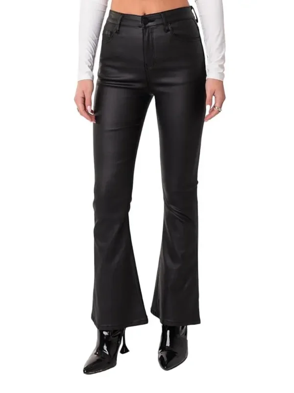 Edikted Petite Luna Faux Leather Flare Jeans in Black