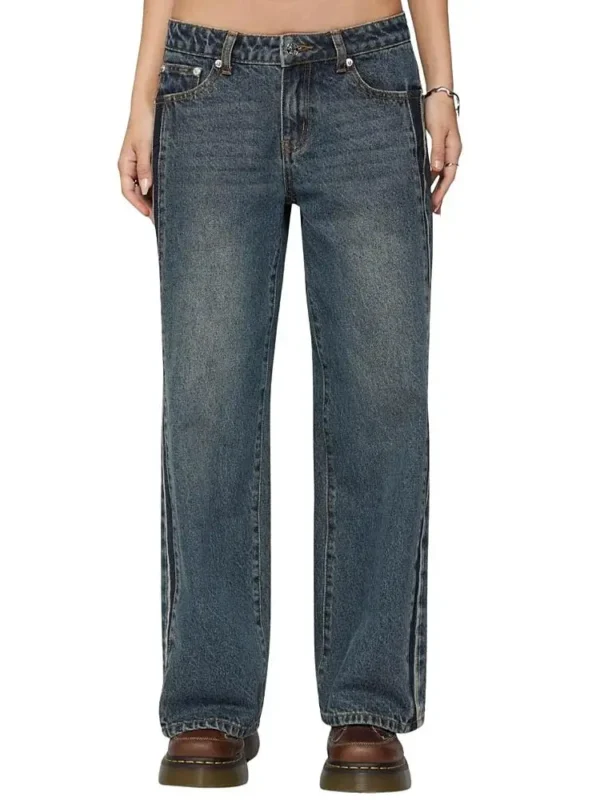 Edikted Petite Contrast Panel Low Rise Dark Rinse Wash Jeans