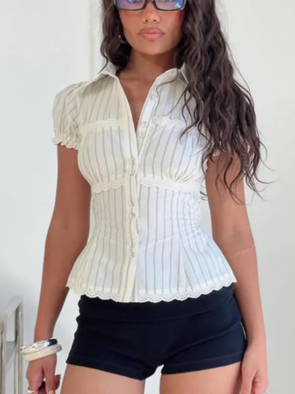 Deserve You Puff Sleeve Button Front Top Cream Stripe Petite