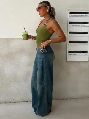 Paltrow Mid Rise Wide Leg Cargo Jeans Mid Blue Wash Petite