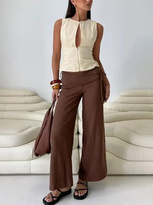 Silver Moon Linen Blend Tie Pants Brown Petite