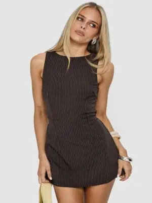 Yumiko Romper Brown Pinstripe Petite