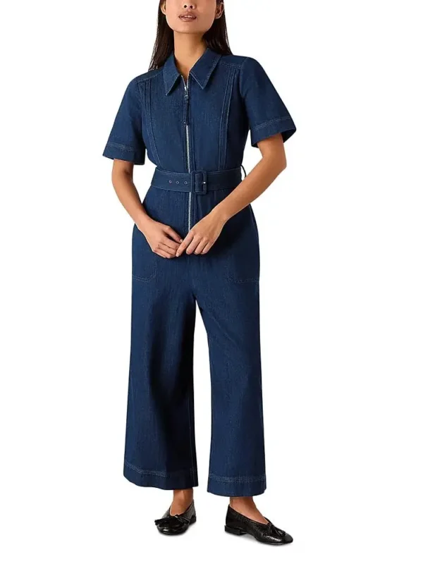 Whistles Petites Denim Pintuck Belted Jumpsuit