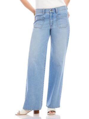 Karen Kane Petite Size Lauren High Rise Patch Pocket Wide Leg Jeans in Light Blue