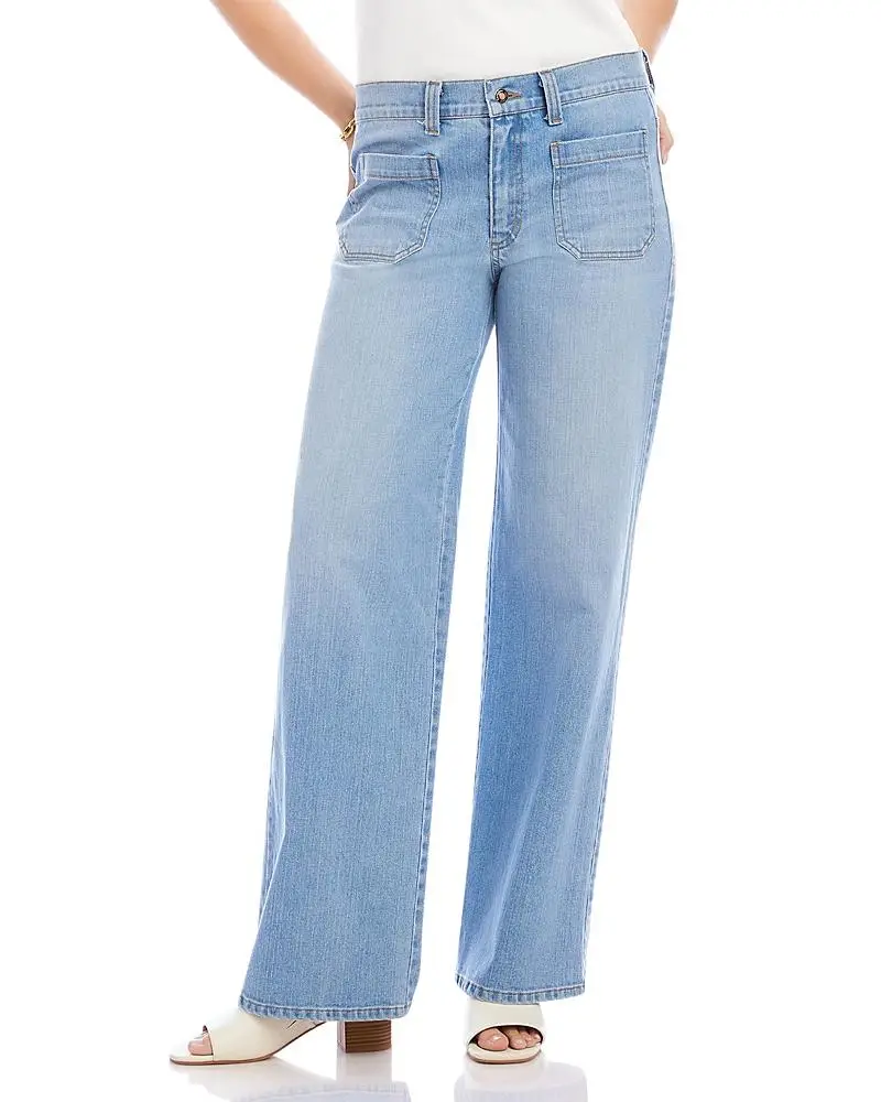 Karen Kane Petite Size Lauren High Rise Patch Pocket Wide Leg Jeans in Light Blue