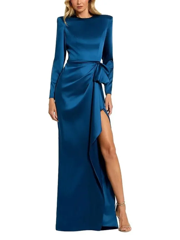 Mac Duggal Petite Long Sleeve Satin Structured Bow Draped Column Gown