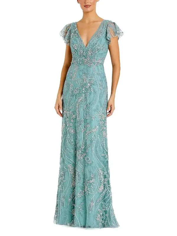 Mac Duggal Petite V-Neck Flutter Sleeve Floral Embroidered Gown
