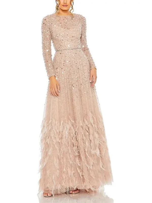 Mac Duggal Petite Disc Embellished Sequin Gown with Feather Detail