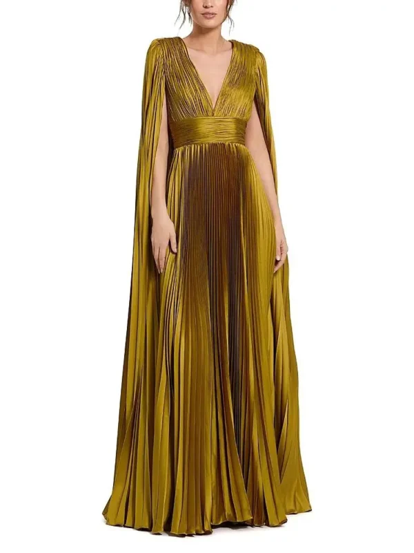 Mac Duggal Petite Pleated Charmeuse V Neck Gown with Cape
