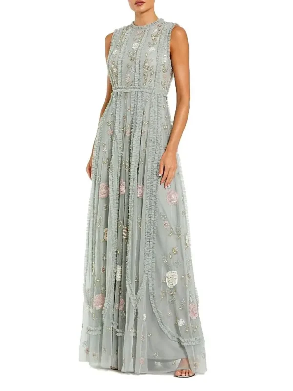 Mac Duggal Petite Floral Mesh Sleeveless A Line Micro Ruffle Gown