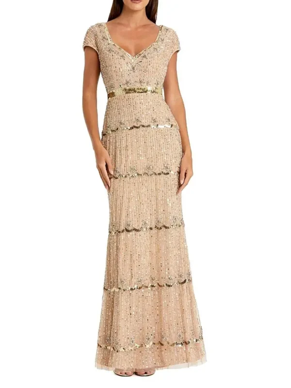 Mac Duggal Petite Beaded Sweetheart Cap Sleeve Tiered Gown