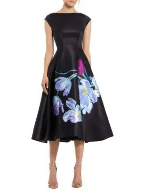 Mac Duggal Petite Satin Cap Sleeve Midi Dress with Floral Print