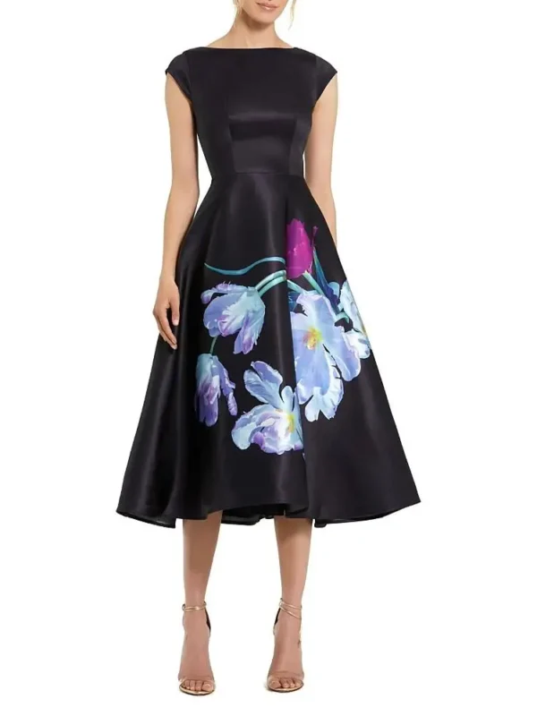 Mac Duggal Petite Satin Cap Sleeve Midi Dress with Floral Print