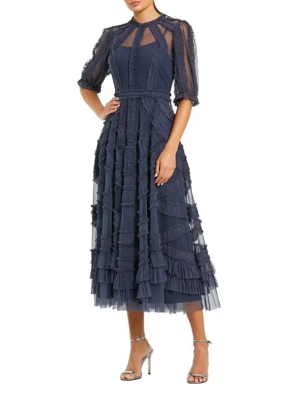 Mac Duggal Petite High Illusion Neck Ruffle Tiered A-Line Midi Dress