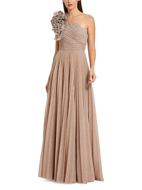Mac Duggal Petite Pleated Metallic One Shoulder Gown with Ruffle