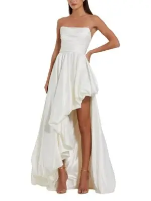 Mac Duggal Petite Strapless High-Low Satin Gown with Draped Skirt