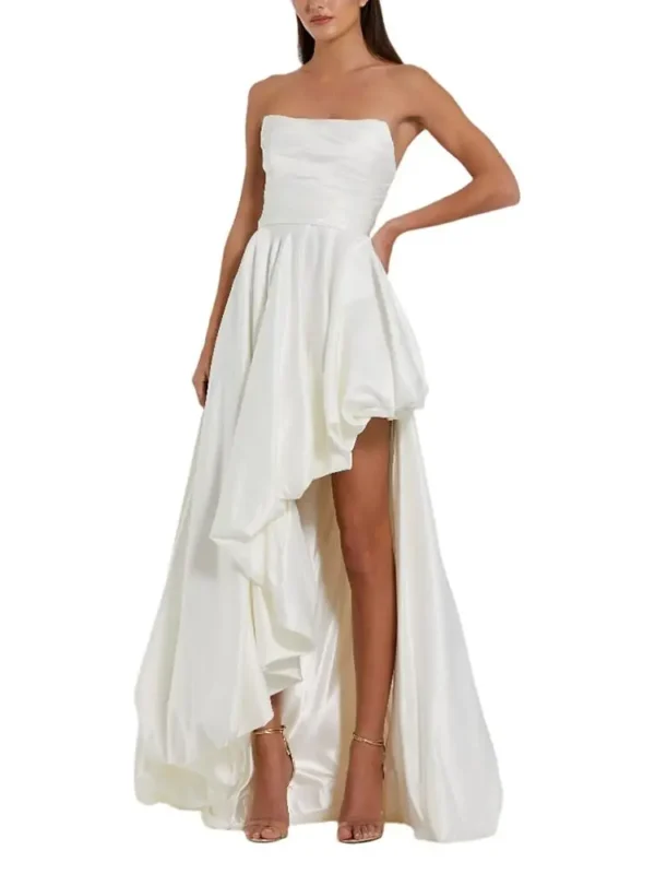 Mac Duggal Petite Strapless High-Low Satin Gown with Draped Skirt