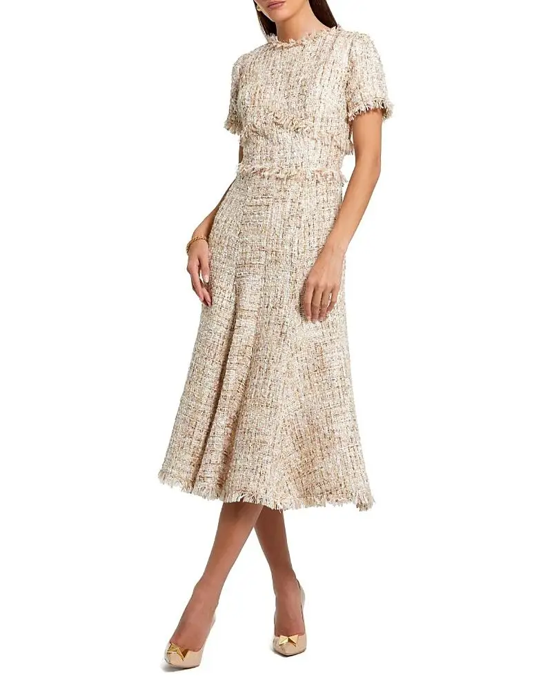 Mac Duggal Petite Beige Boucle Short Sleeve A Line Midi Dress