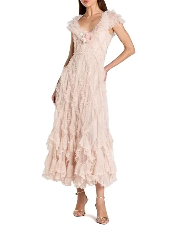 Mac Duggal Petite Micro Ruffle Cap Sleeve A-Line Midi Dress