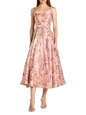 Mac Duggal Petite Pink Floral Brocade Square-Neck Midi Dress