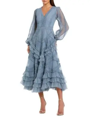 Mac Duggal Petite Long Sleeve V Neck Mesh Micro Ruffle Midi Dress