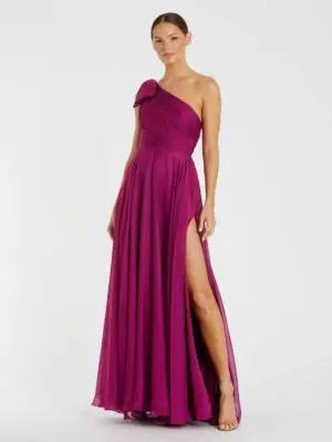Purple Sleeveless One Shoulder Pleated Gown