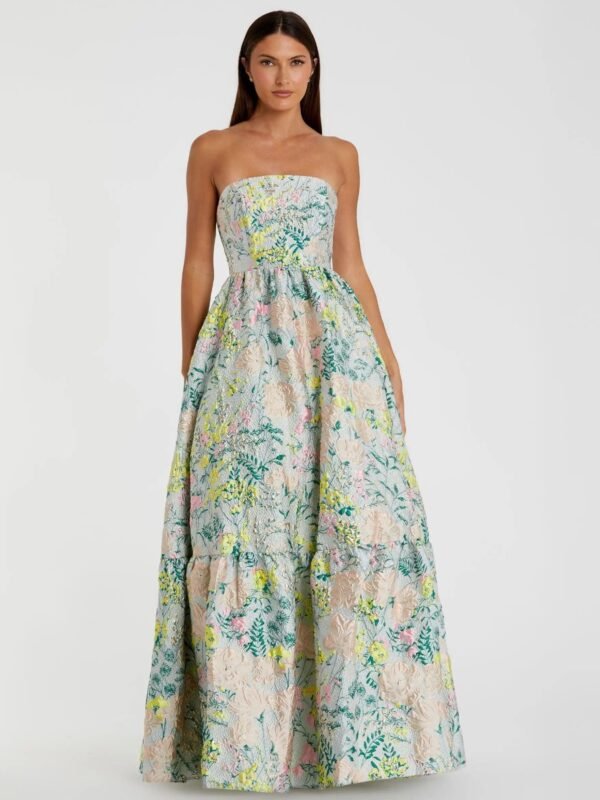 Multicolor Strapless Floral Brocade A-Line Gown