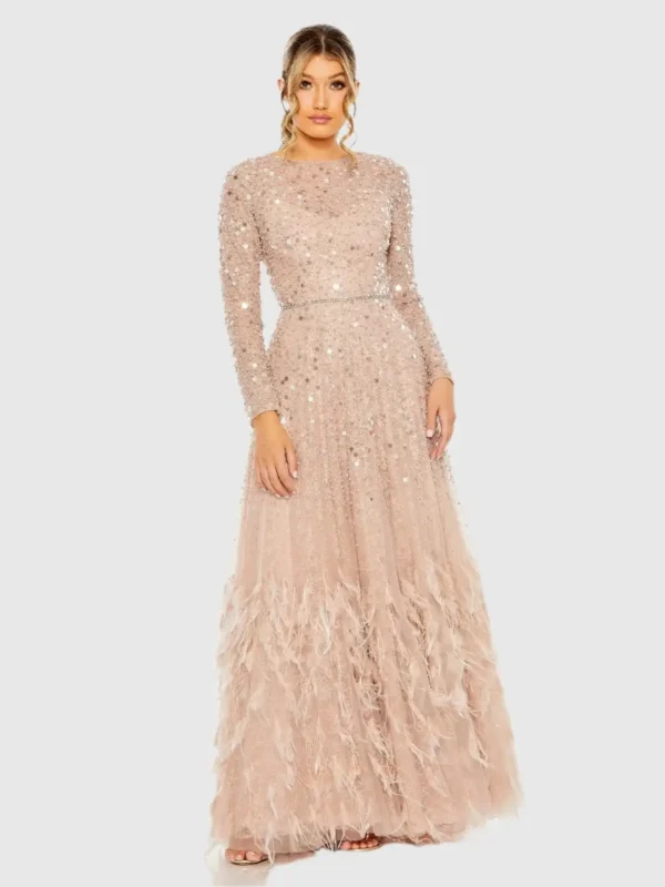 Pink Disc Embellished Sequin Gown with Feather Detail