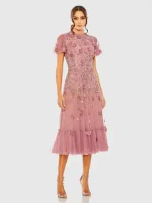 Pink Embellished High Neck Flutter Sleeve A Line Dress