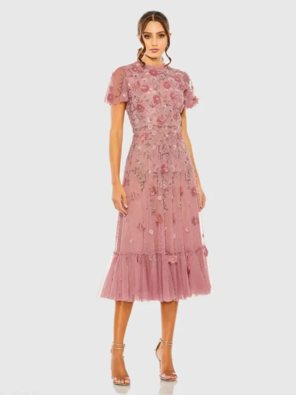 Pink Embellished High Neck Flutter Sleeve A Line Dress
