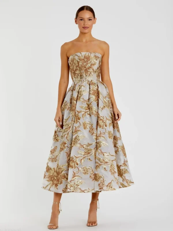 Gold Strapless Brocade Midi Dress with Pockets